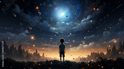 a child standing looking at the view of the sky with comets, anime style