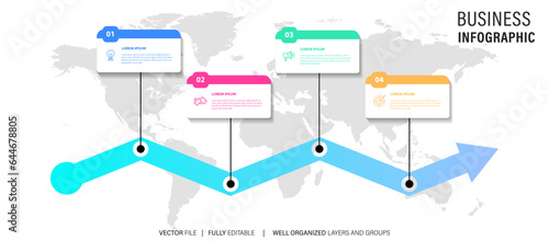 Modern arrow infographic template with 4 steps. Business circle template with options for brochure, diagram, workflow, timeline, web design. Vector