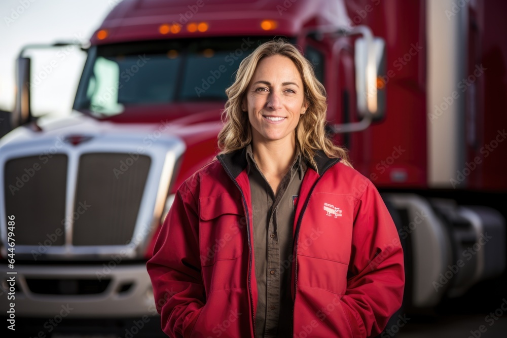 Smiling portrait of an caucasian female truck driver working for a trucking company Smiling portrait of an caucasian female truck driver working for a trucking company
