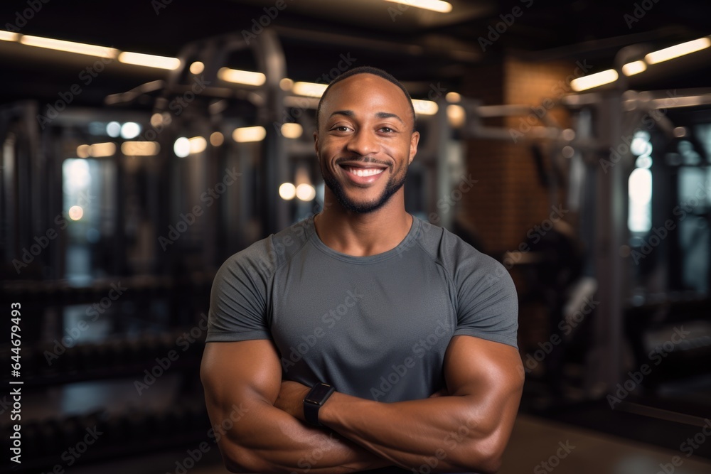 Smiling portrait of a happy young male african american fitness instructor in an indoor gym Smiling portrait of a happy young male african american fitness instructor in an indoor gym