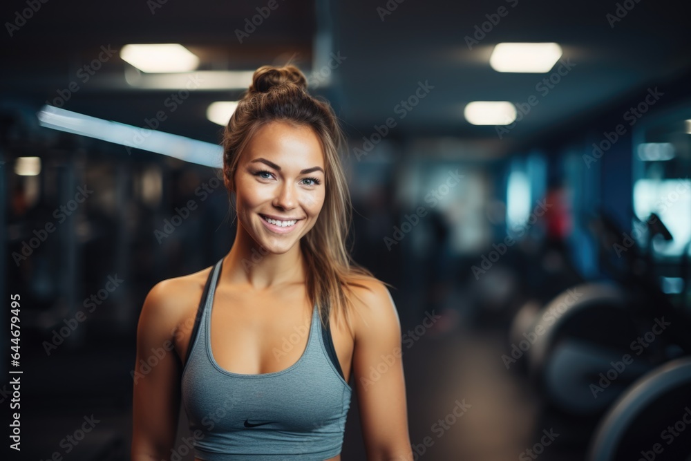Fototapeta premium Smiling portrait of a happy young female caucasian fitness instructor working in an indoor gym
