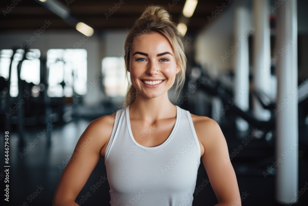 Smiling portrait of a happy young female caucasian fitness instructor working in an indoor gym