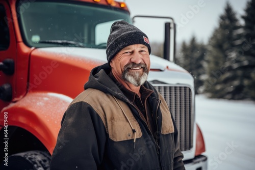 Smiling portrait of a happy middle aged caucasian male truck driver working for a trucking company