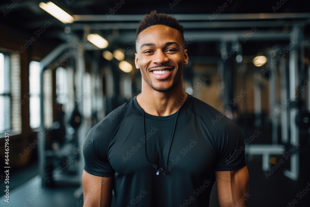 Smiling portrait of a happy young male african american fitness instructor in an indoor gym Smiling portrait of a happy young male african american fitness instructor in an indoor gym