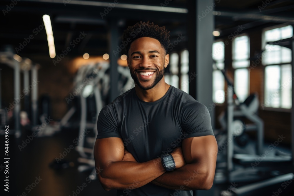 Smiling portrait of a happy young male african american fitness instructor in an indoor gym Smiling portrait of a happy young male african american fitness instructor in an indoor gym