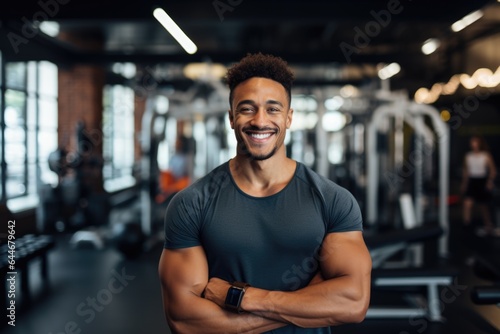 Smiling portrait of a happy young male african american fitness instructor in an indoor gym