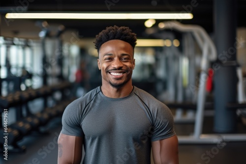 Smiling portrait of a happy young male african american fitness instructor in an indoor gym © Baba Images