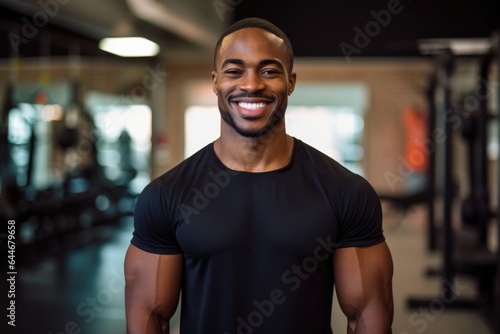 Smiling portrait of a happy young male african american fitness instructor in an indoor gym