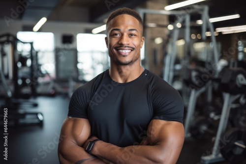 Smiling portrait of a happy young male african american fitness instructor in an indoor gym