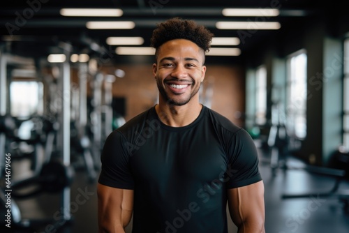 Smiling portrait of a happy young male african american fitness instructor in an indoor gym