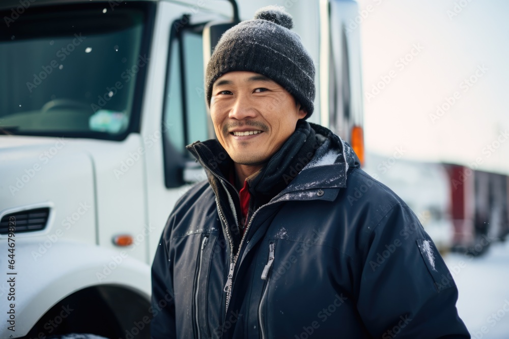 Smiling portrait of a happy middle aged asian american male truck driver working for a trucking company Smiling portrait of a happy middle aged asian american male truck driver working for a trucking company