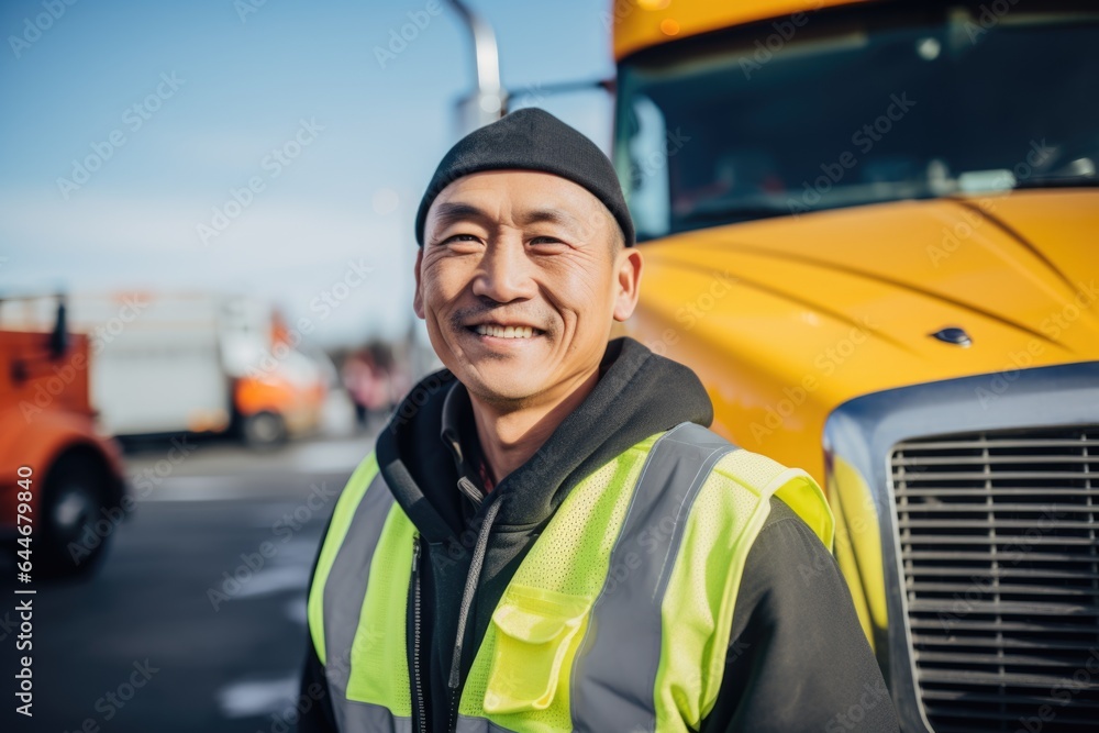 Smiling portrait of a happy middle aged asian american male truck driver working for a trucking company Smiling portrait of a happy middle aged asian american male truck driver working for a trucking company