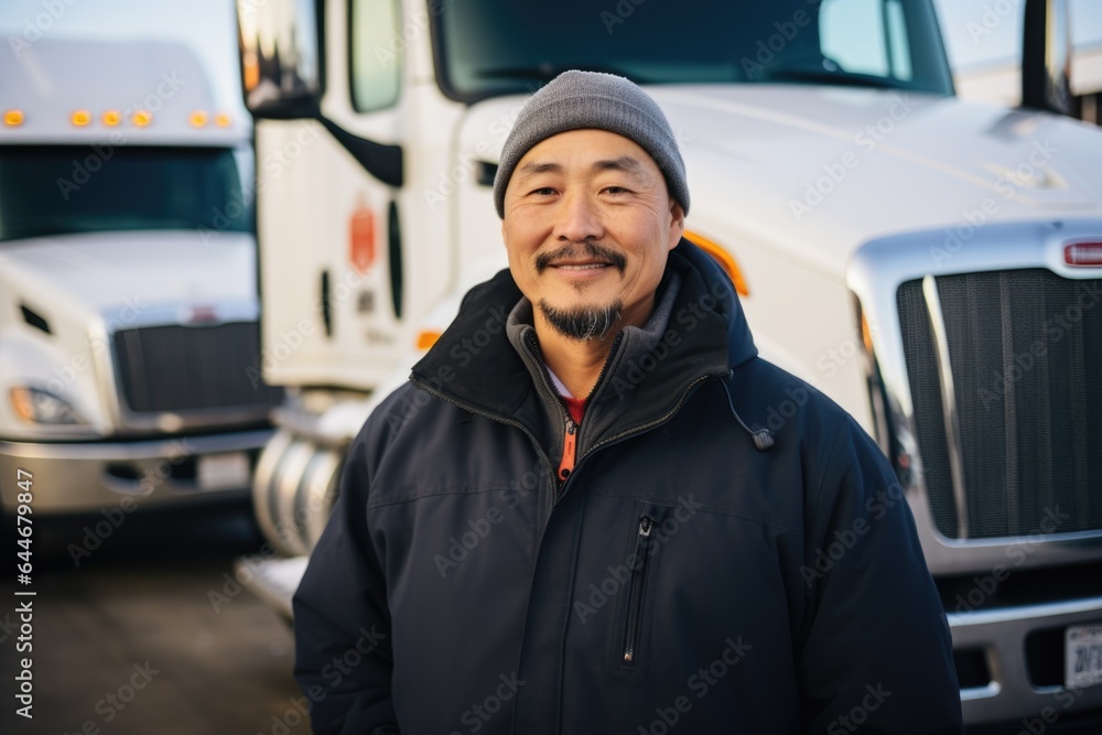 Smiling portrait of a happy middle aged asian american male truck driver working for a trucking company Smiling portrait of a happy middle aged asian american male truck driver working for a trucking company