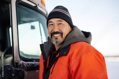 Smiling portrait of a happy middle aged asian american male truck driver working for a trucking company