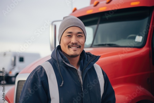 Smiling portrait of a happy middle aged asian american male truck driver working for a trucking company © Baba Images