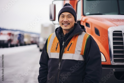 Smiling portrait of a happy middle aged asian american male truck driver working for a trucking company