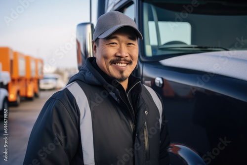 Smiling portrait of a happy middle aged asian american male truck driver working for a trucking company