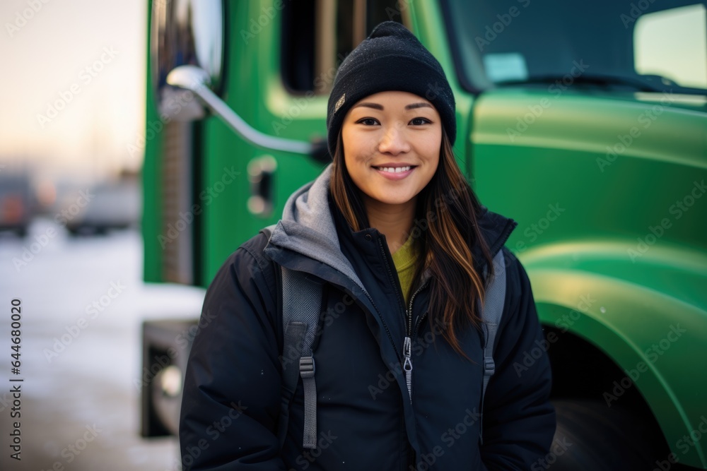 Smiling portrait of an asian american female truck driver working for a trucking company Smiling portrait of an asian american female truck driver working for a trucking company