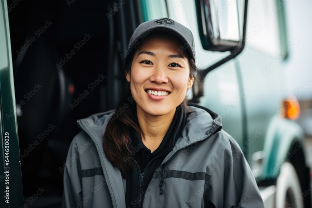 Smiling portrait of an asian american female truck driver working for a trucking company Smiling portrait of an asian american female truck driver working for a trucking company