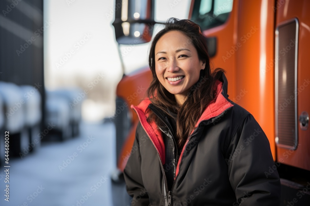 Smiling portrait of an asian american female truck driver working for a trucking company
