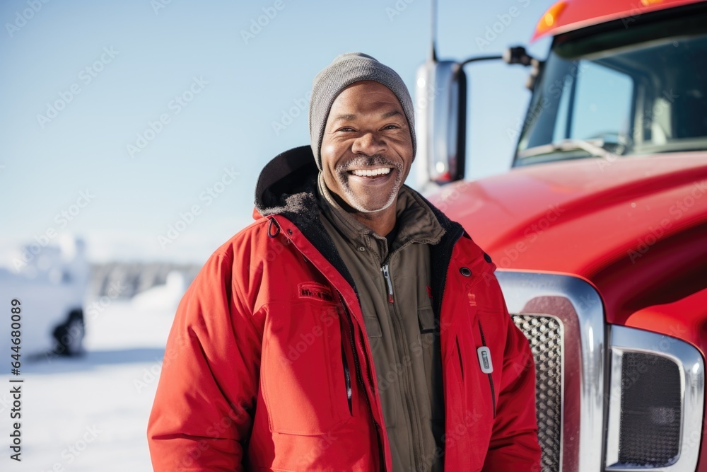 Smiling portrait of a happy middle aged african american male truck driver working for a trucking company Smiling portrait of a happy middle aged african american male truck driver working for a trucking company