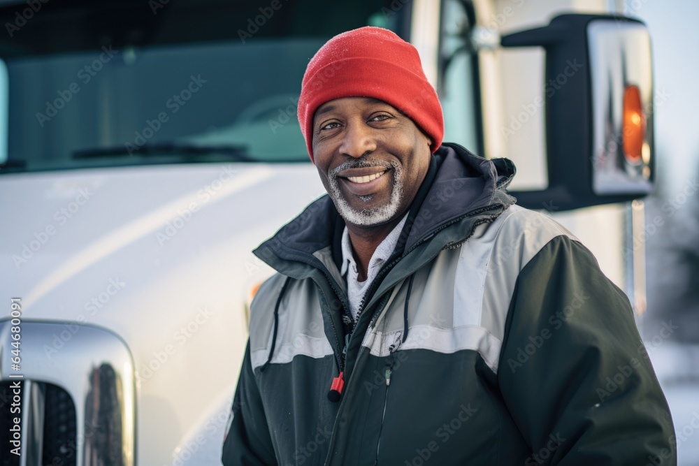 Smiling portrait of a happy middle aged african american male truck driver working for a trucking company Smiling portrait of a happy middle aged african american male truck driver working for a trucking company