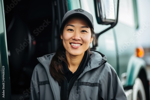 Smiling portrait of an asian american female truck driver working for a trucking company