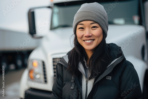 Smiling portrait of an asian american female truck driver working for a trucking company