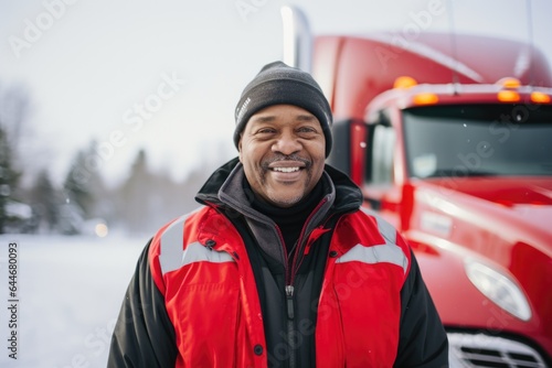 Smiling portrait of a happy middle aged african american male truck driver working for a trucking company © Baba Images