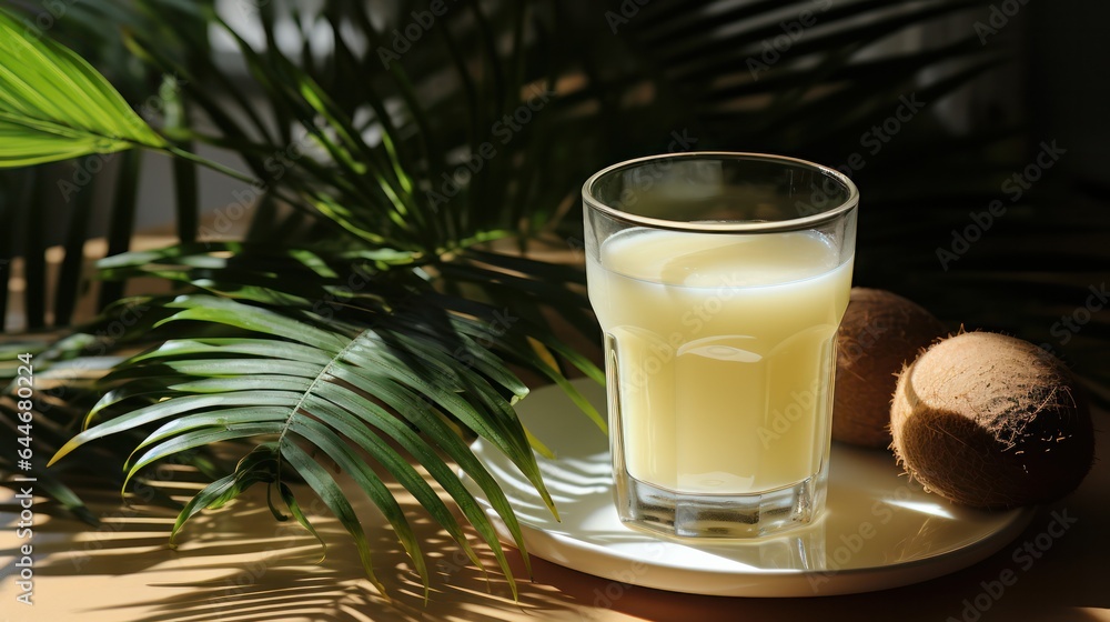 coconut milk and palm leaves. eco-product for cosmetology. coconut milk and palm leaves. eco-product for cosmetology.