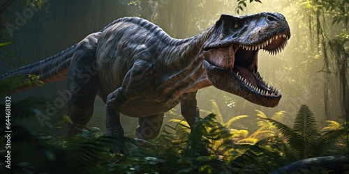 illustration of tyrannosaurus in forest, generative AI © VALUEINVESTOR