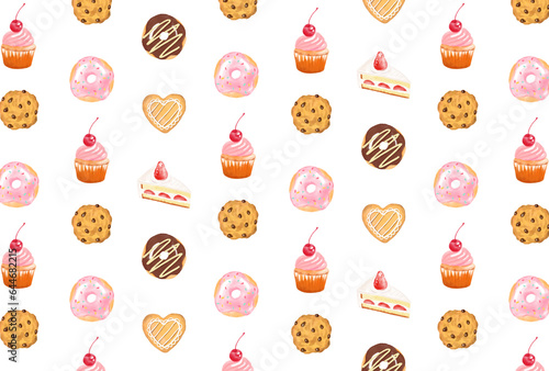 seamless pattern with a set of sweet desserts in watercolor for banners, cards, flyers, social media wallpapers, etc.