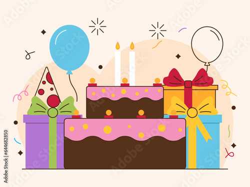 Happy people celebrating birthday party. Flat birthday party vector illustration. Birthday party celebration