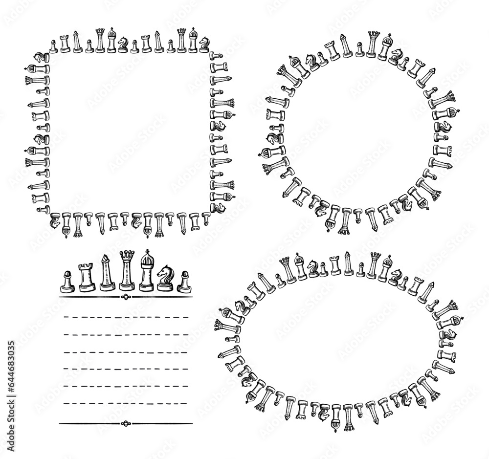 Chess frames set with chess figures and place for text and chess black and white blank template Chess frames set with chess figures and place for text and chess black and white blank template