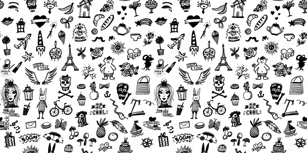 Doodle style graphic seamless pattern with flowers and skulls, fruits and sweets line elements