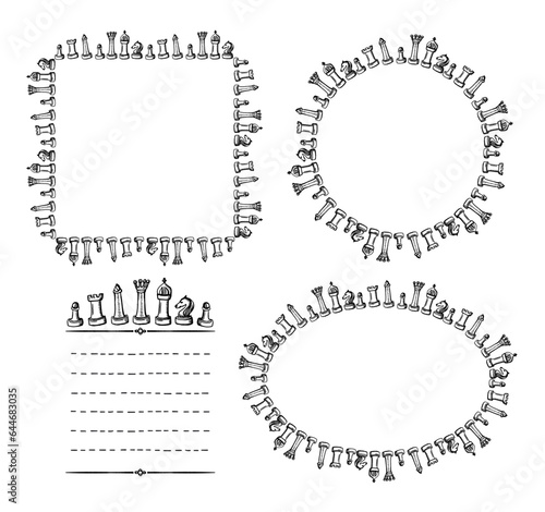 Chess frames set with chess figures and place for text and chess black and white blank template