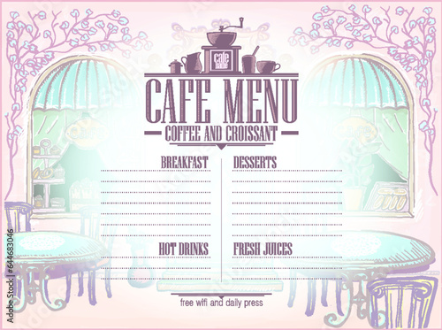 Cafe menu list template with old style street cafe graphic backdrop