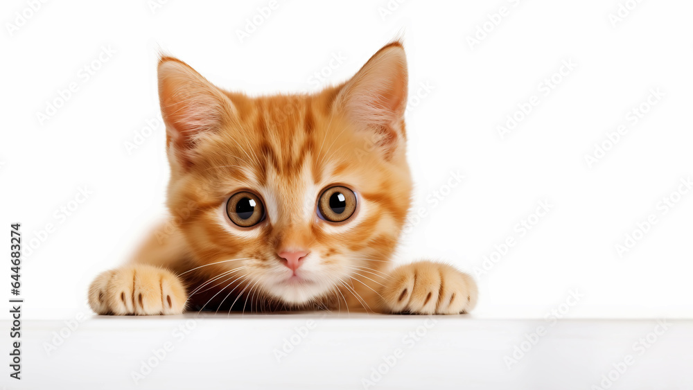 Cute curious ginger kitten isolated on white background, ai generated