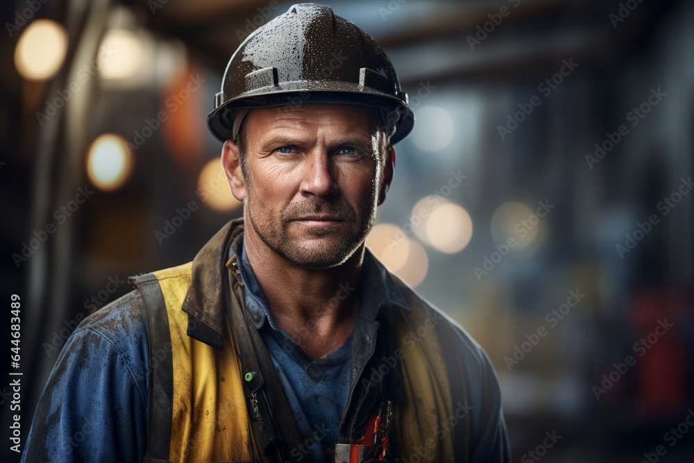 Portrait of a worker in front of a blurry background looking at the camera, Generative AI Portrait of a worker in front of a blurry background looking at the camera, Generative AI