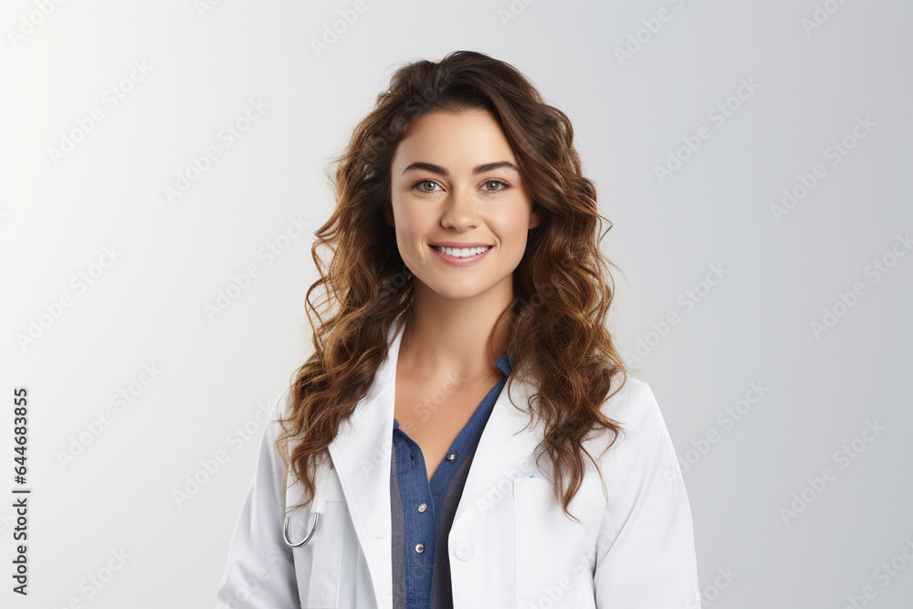 Portrait of a female doctor standing in front of a white background, Generative AI Portrait of a female doctor standing in front of a white background, Generative AI