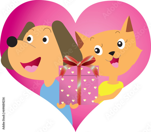 ハートの中のプレゼントを持った犬と猫のカップル
