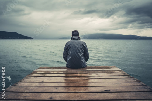 Man sitting on a wooden pier and looking at the sea, cloudy weather