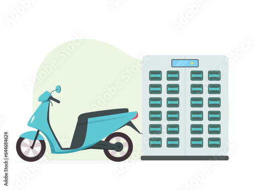Electric motorcycle with battery station vector illustration