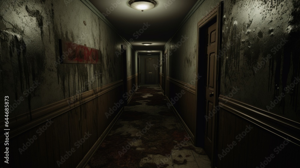 Horror hallway with little lighting background - obrazy, fototapety, plakaty 