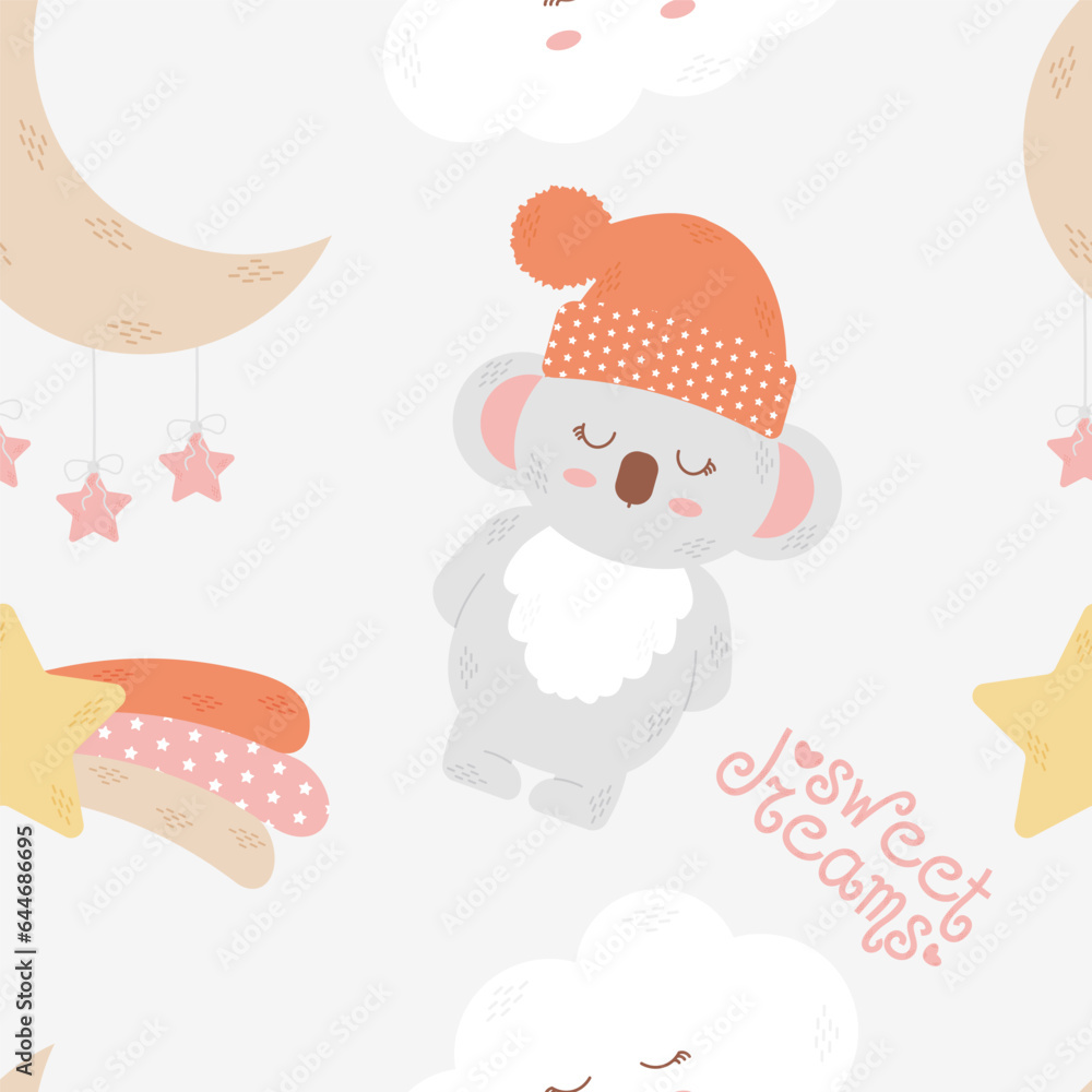 Fototapeta premium Childish seamless vector pattern with cute panda, fluffy cloud, moon and stars. Funny print background perfect for fabric. Gray background. Vector