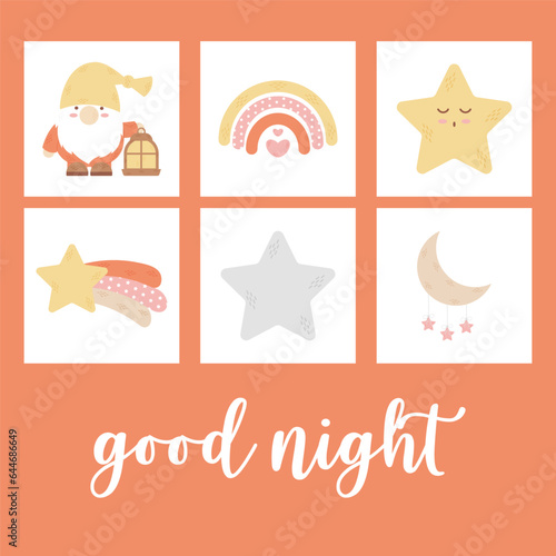Cute kids character poster. Sweet Dreams and good night. Children's room decoration design. Kids party invitation. Flat vector illustration