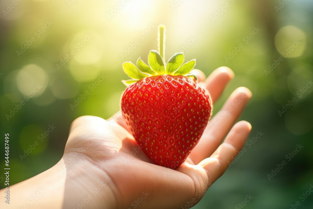 Obraz premium closeup hand hold strawberry with blur nature