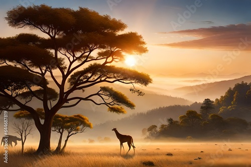 A panoramic view of a vast  untouched savanna  where wildlife roams freely beneath the endless sky