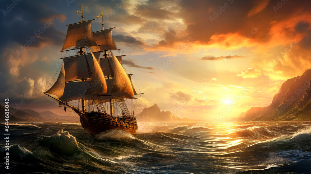 Ship sailing for the world in the ocean in the style of a matte painting. Gave pirate concept. 