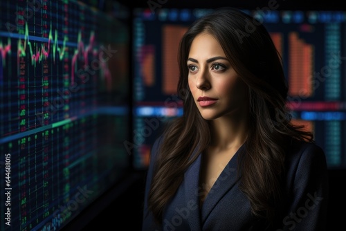 Business woman seen in room with data on screens